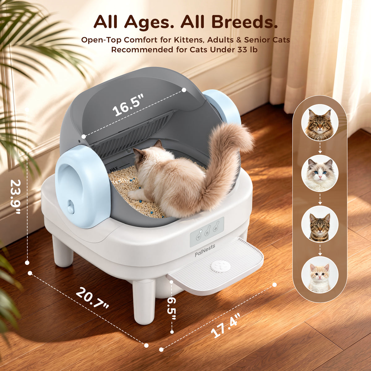 PalNests Self Cleaning Litter Box, Smart Automatic Cat Litter Box with WiFi App Control, 2.2-17.6 lbs, Blue