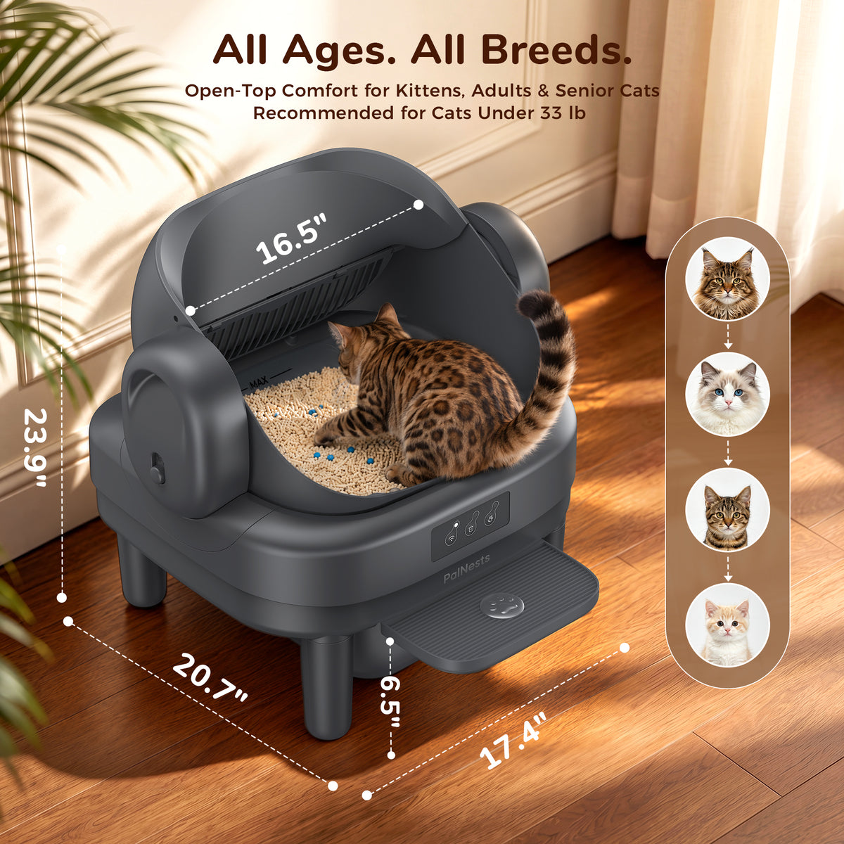 PalNests Automatic Cat Litter Box Self-Cleaning with Safety Protection, Liners, Front Entry Step Included, Dark Gray