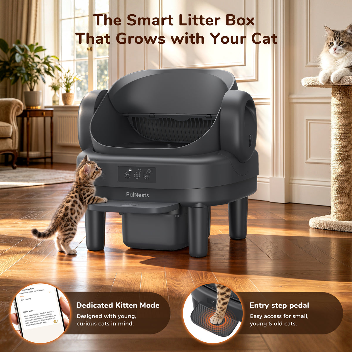 PalNests Automatic Cat Litter Box Self-Cleaning with Safety Protection, Liners, Front Entry Step Included, Dark Gray