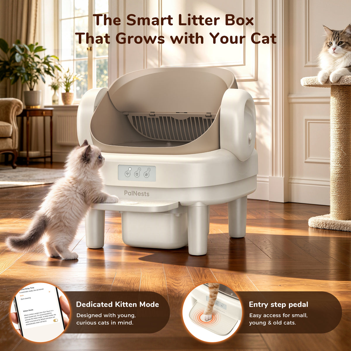 PalNests Automatic Cat Litter Box Self-Cleaning with Safety Protection, Liners, Front Entry Step Included, Mica Color
