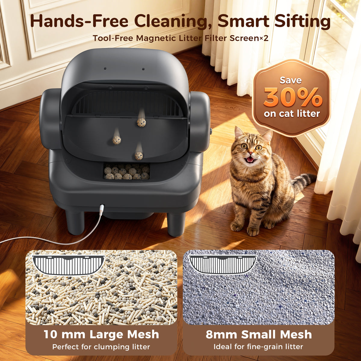 PalNests Automatic Cat Litter Box Self-Cleaning with Safety Protection, Liners, Front Entry Step Included, Dark Gray