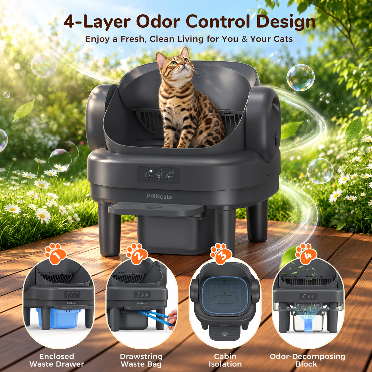 PalNests Automatic Cat Litter Box Self-Cleaning with Safety Protection, Liners, Front Entry Step Included, Dark Gray