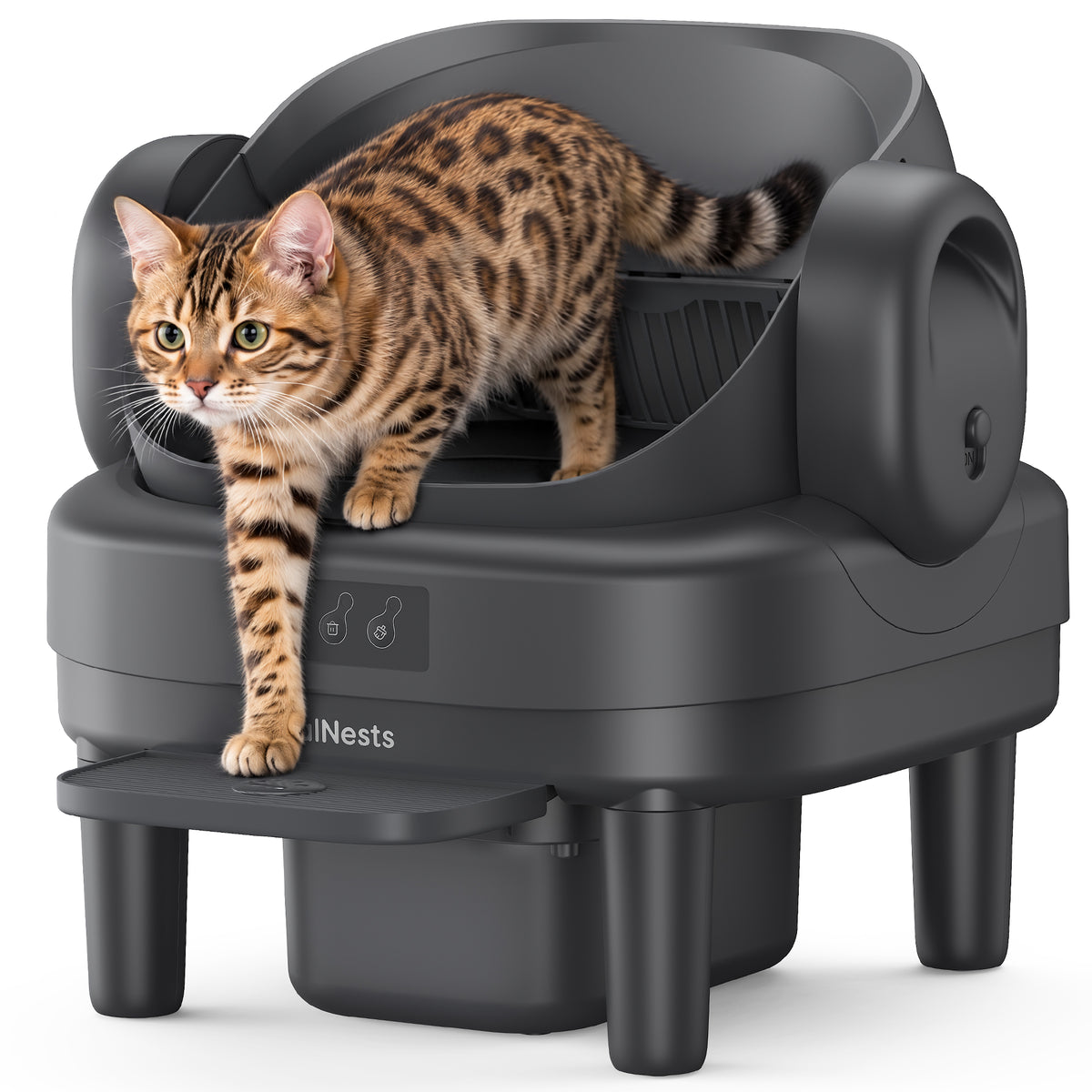 PalNests Automatic Cat Litter Box Self-Cleaning with Safety Protection, Liners, Front Entry Step Included, Dark Gray