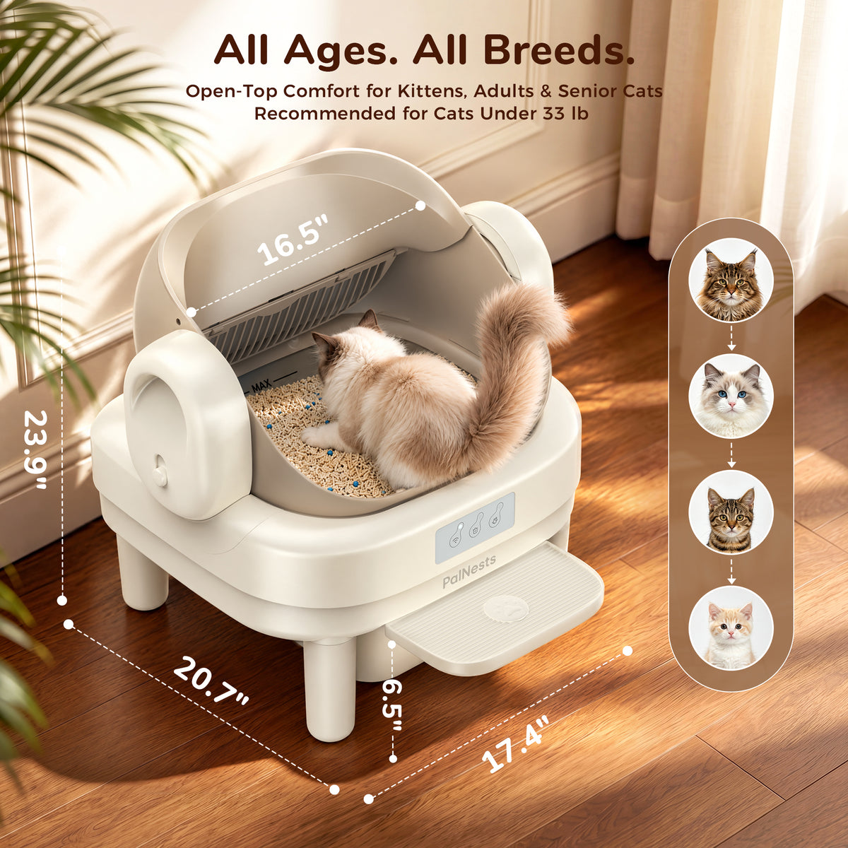 PalNests Automatic Cat Litter Box Self-Cleaning with Safety Protection, Liners, Front Entry Step Included, Mica Color