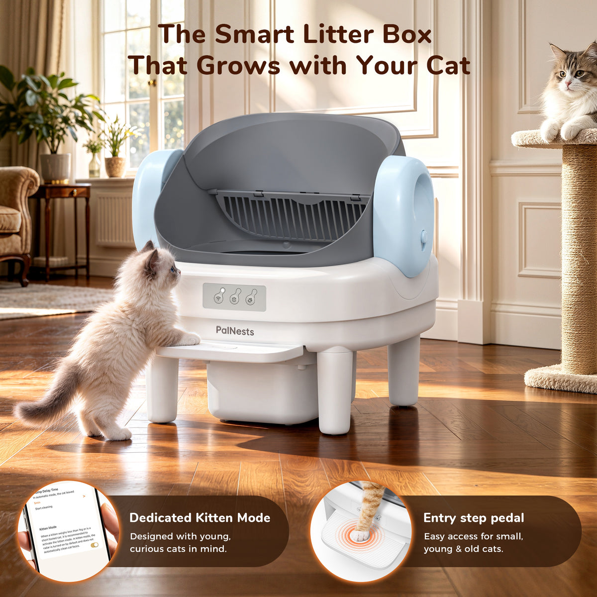 PalNests Self Cleaning Litter Box, Smart Automatic Cat Litter Box with WiFi App Control, 2.2-17.6 lbs, Blue