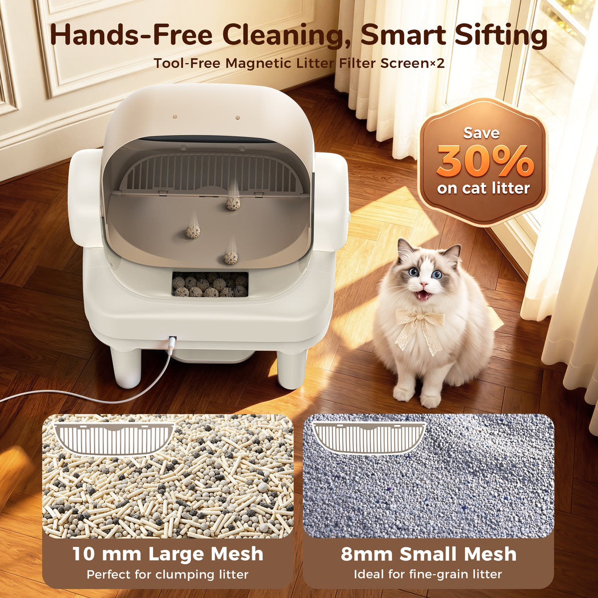 PalNests Automatic Cat Litter Box Self-Cleaning with Safety Protection, Liners, Front Entry Step Included, Mica Color