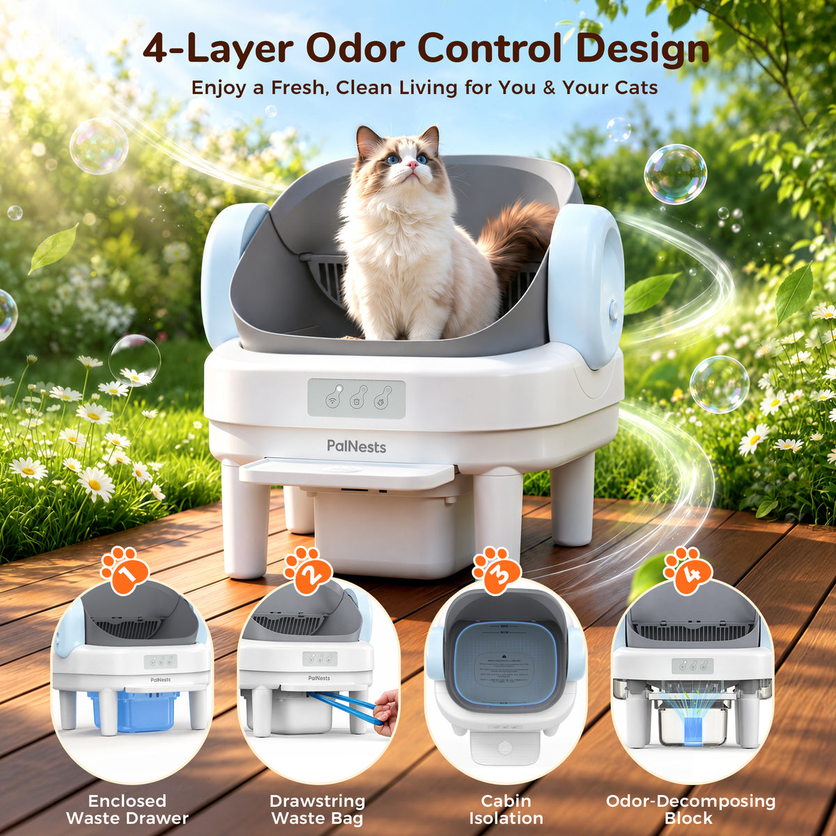 PalNests Self Cleaning Litter Box, Smart Automatic Cat Litter Box with WiFi App Control, 2.2-17.6 lbs, Blue