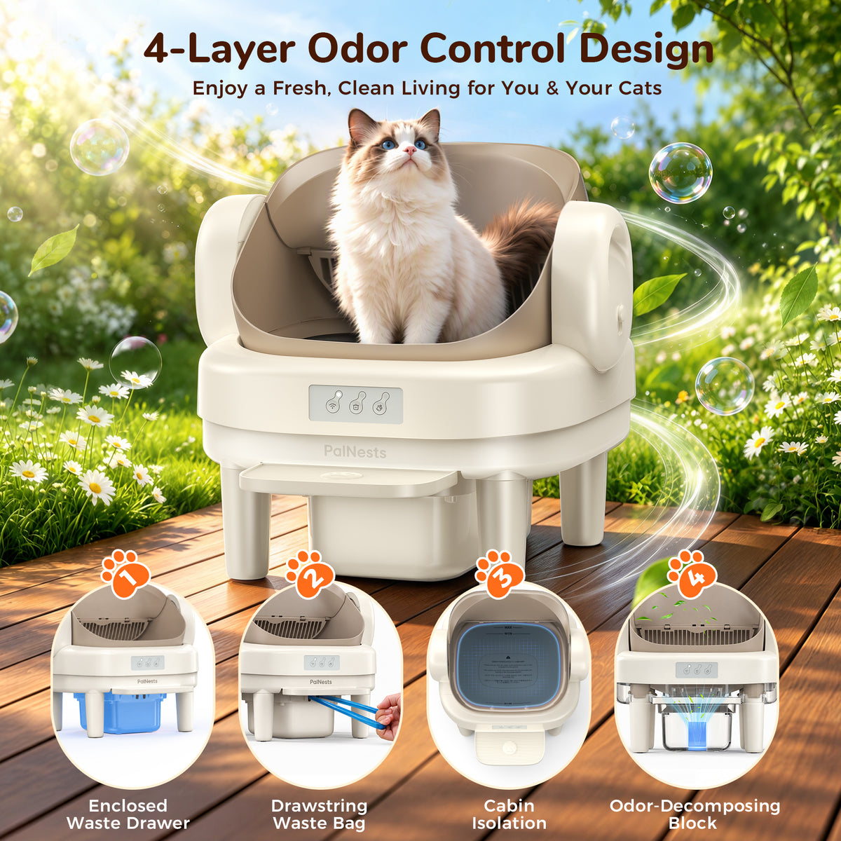 PalNests Automatic Cat Litter Box Self-Cleaning with Safety Protection, Liners, Front Entry Step Included, Mica Color