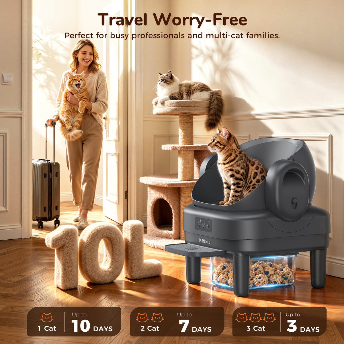 PalNests Automatic Cat Litter Box Self-Cleaning with Safety Protection, Liners, Front Entry Step Included, Dark Gray