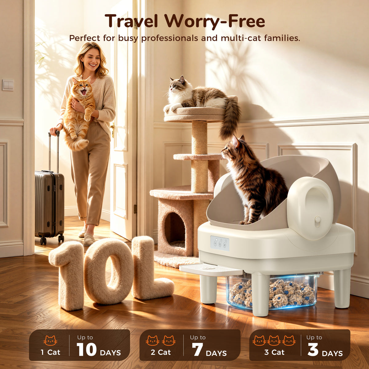 PalNests Automatic Cat Litter Box Self-Cleaning with Safety Protection, Liners, Front Entry Step Included, Mica Color