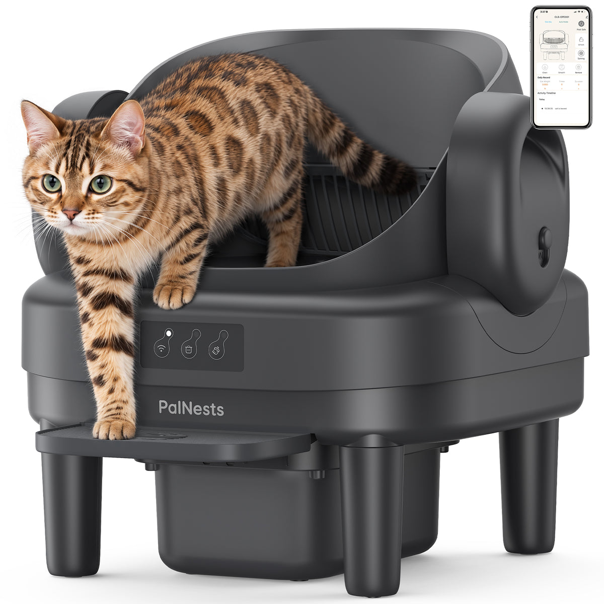 PalNests Automatic Cat Litter Box Self-Cleaning with Safety Protection, Liners, Front Entry Step Included, Dark Gray