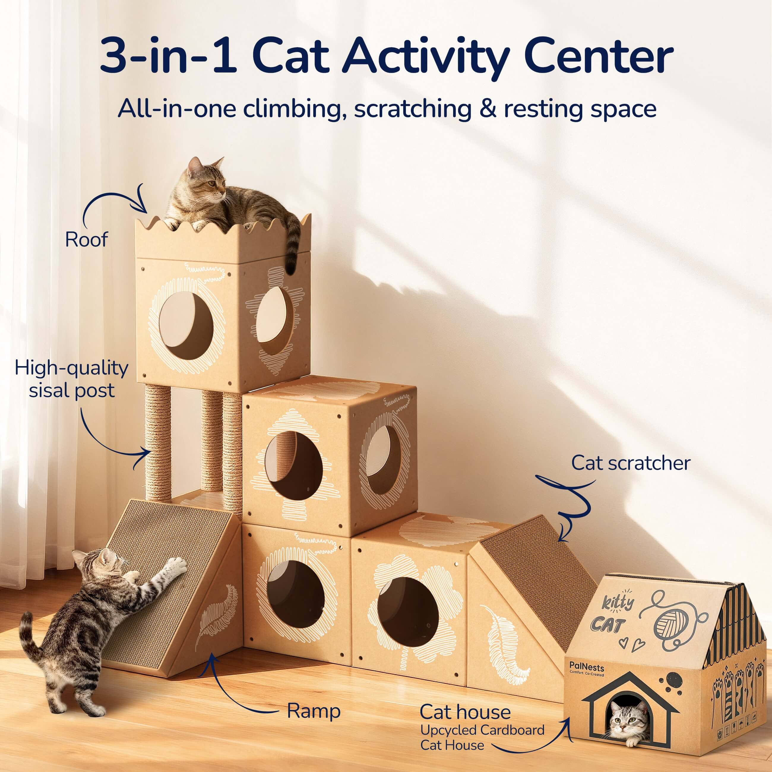 PalNests 3-in-1 Modular Cardboard Cat Tree & Scratcher House