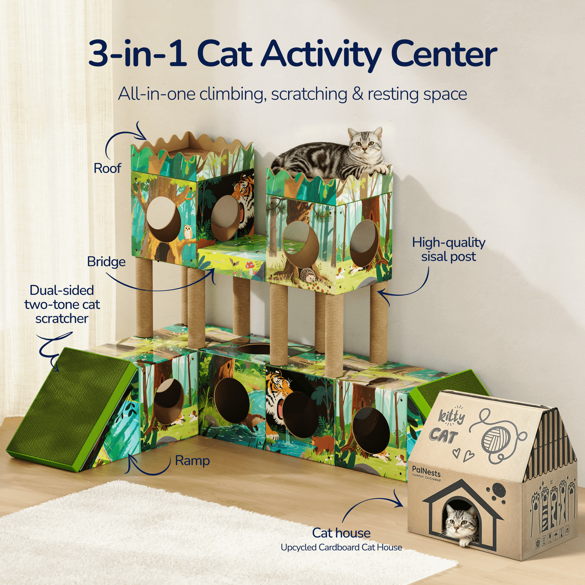 PalNests 3-in-1 Modular Cardboard Cat Tree & Scratcher House