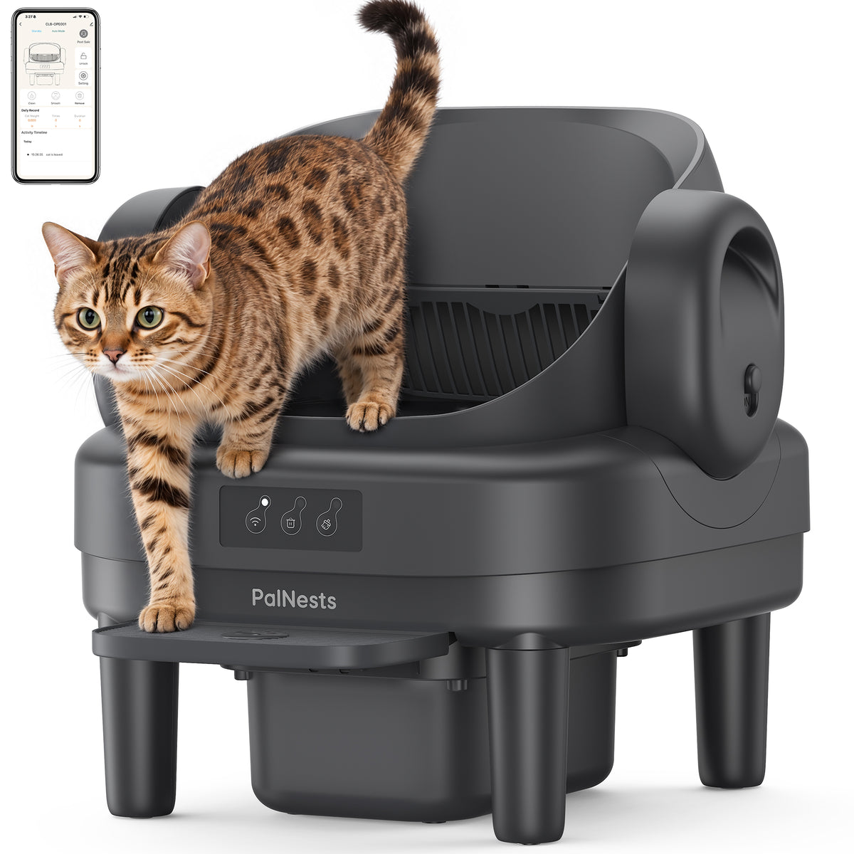 PalNests Automatic Cat Litter Box Self-Cleaning with Safety Protection, Liners, Front Entry Step Included, Dark Gray
