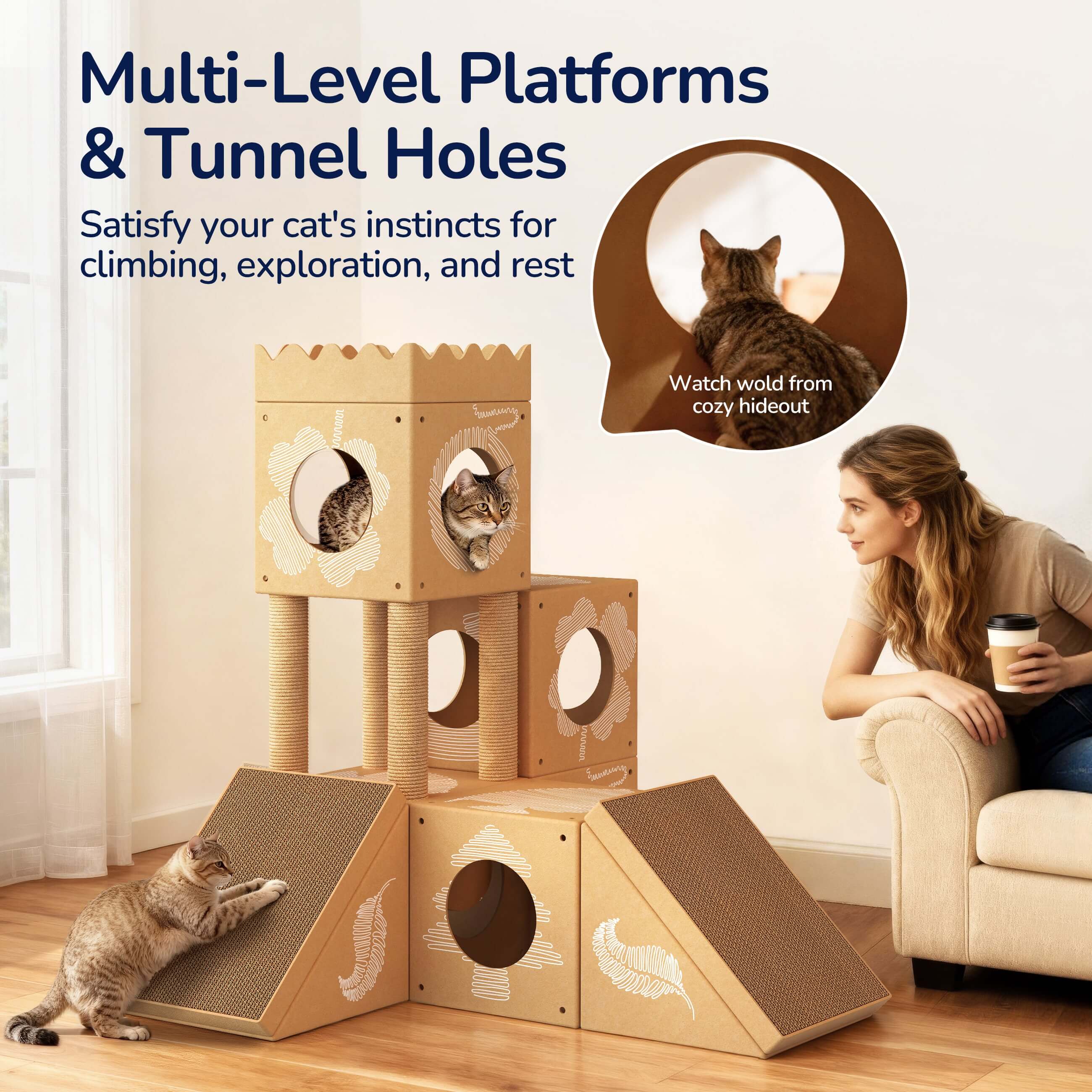 PalNests 3-in-1 Modular Cardboard Cat Tree & Scratcher House