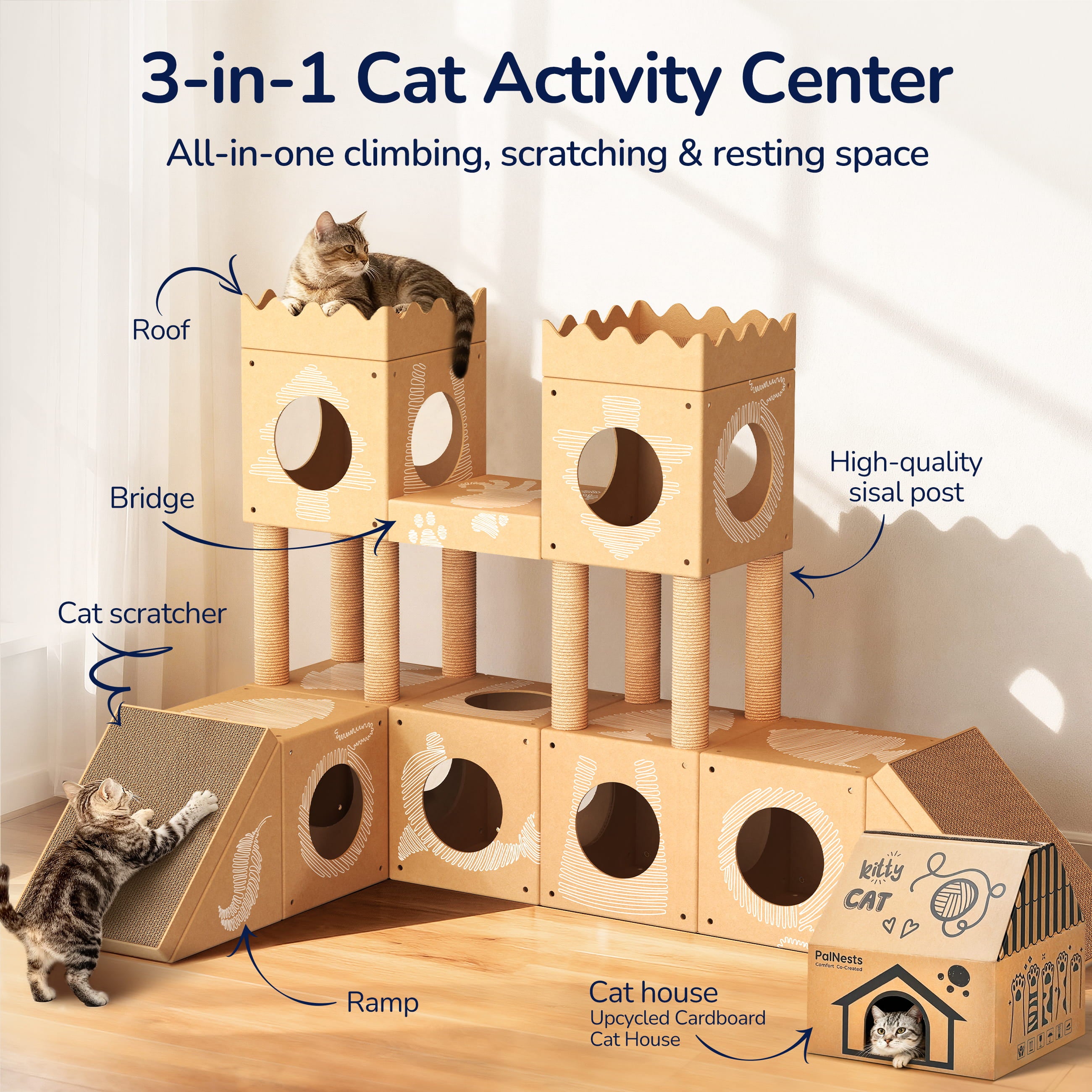PalNests 3-in-1 Modular Cardboard Cat Tree & Scratcher House