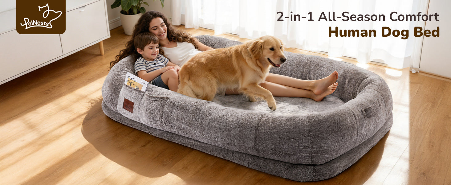shared rest on PalNests human dog bed with adult child and dog
