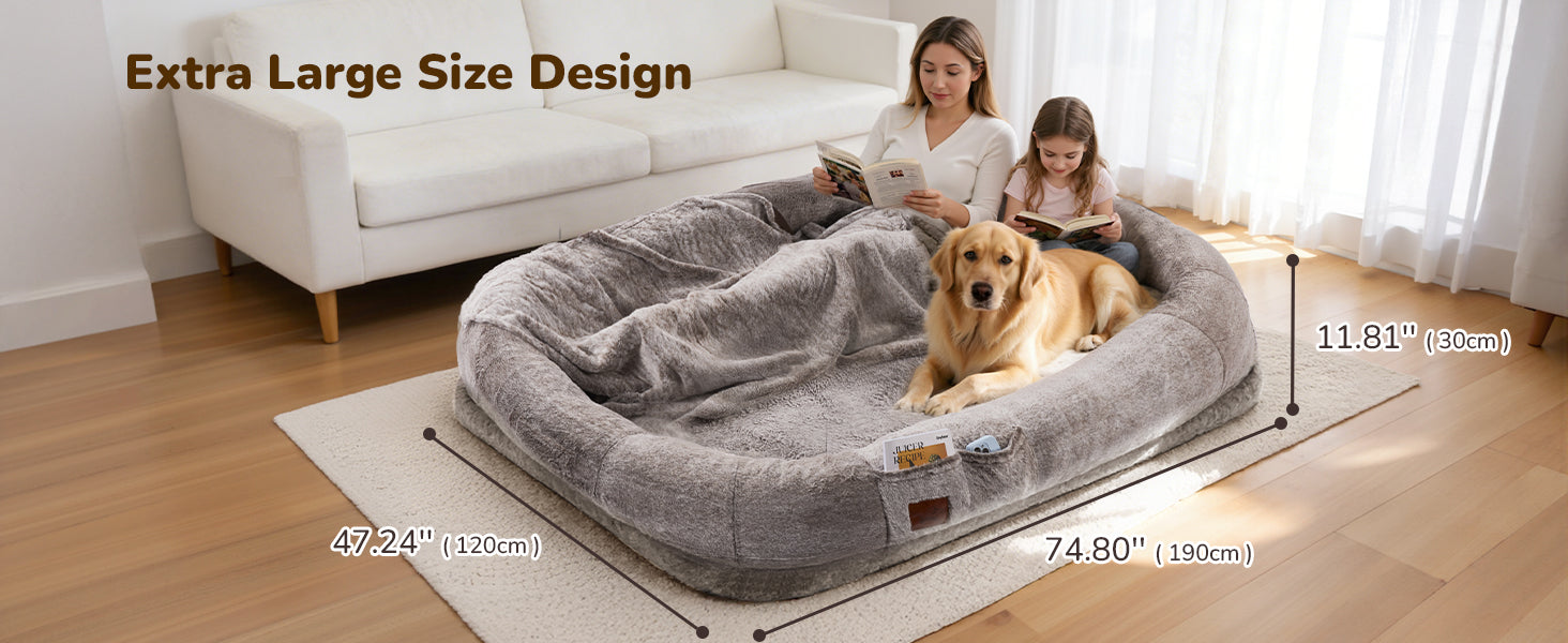 oversized human dog bed dimensions showing space for adults and pets
