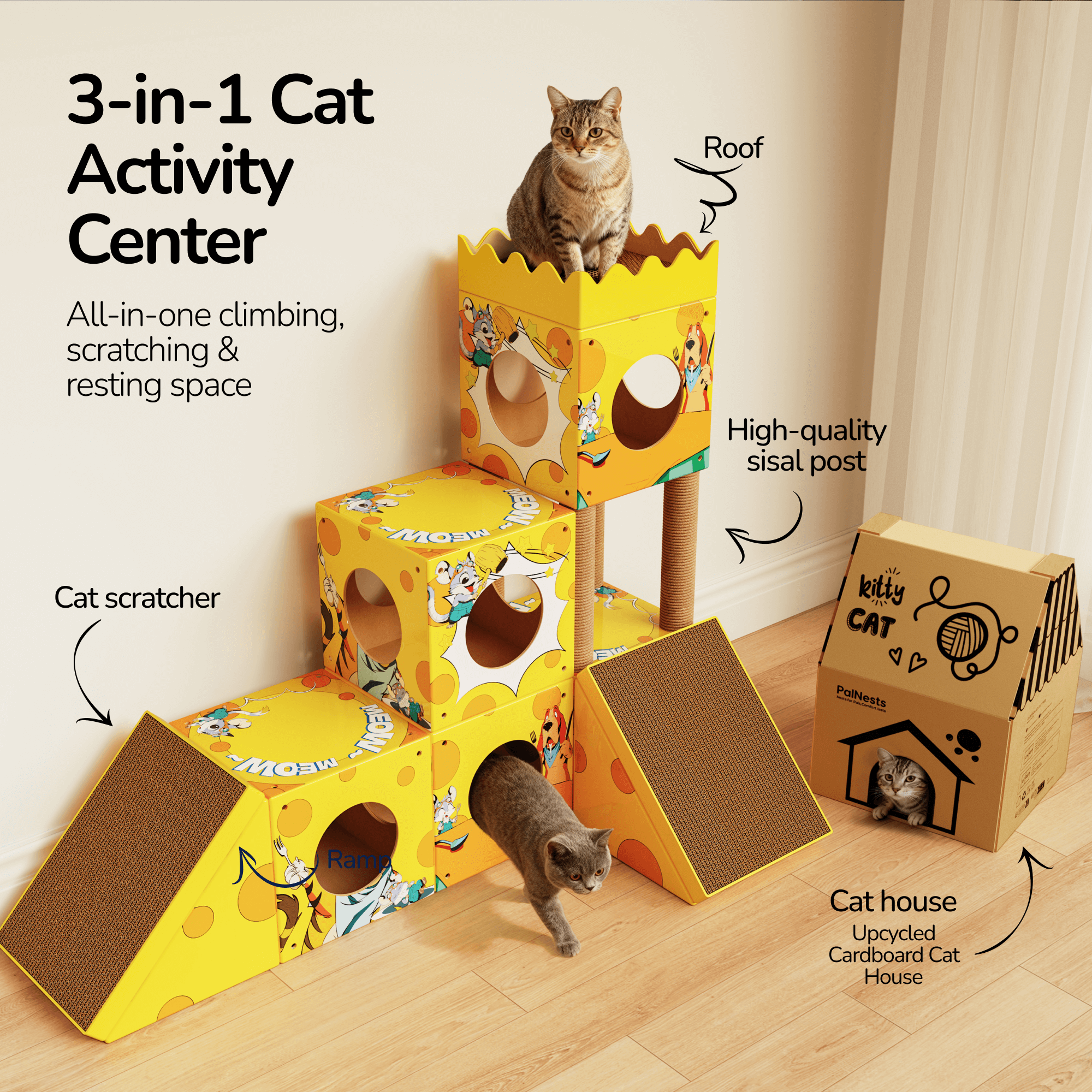 PalNests 3-in-1 Modular Cardboard Cat Tree & Scratcher House