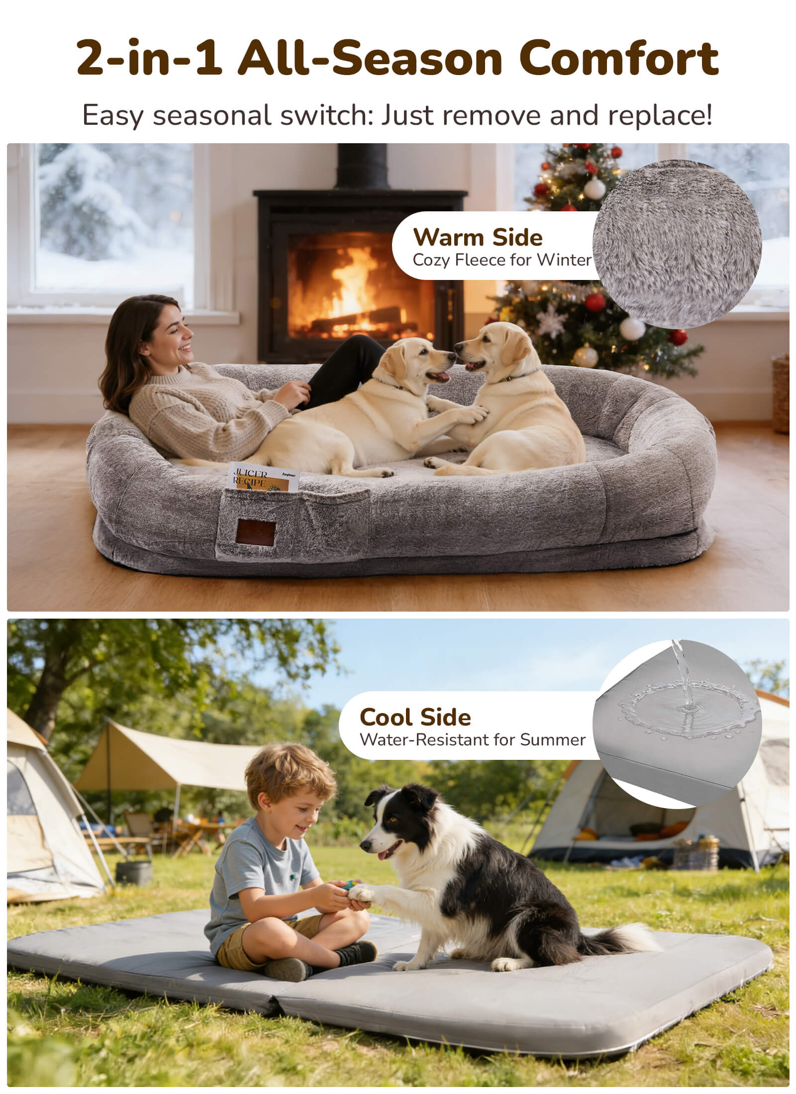 dual sided human dog bed with warm winter side and cool summer side
