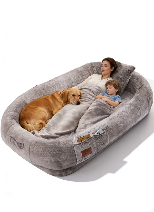 human dog bed with adult child and dog on extra large calming bed
