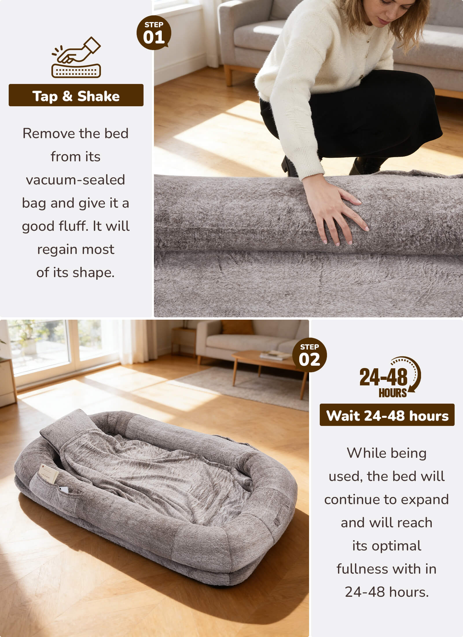 Instructions for using a pet bed, including unboxing and expansion time.