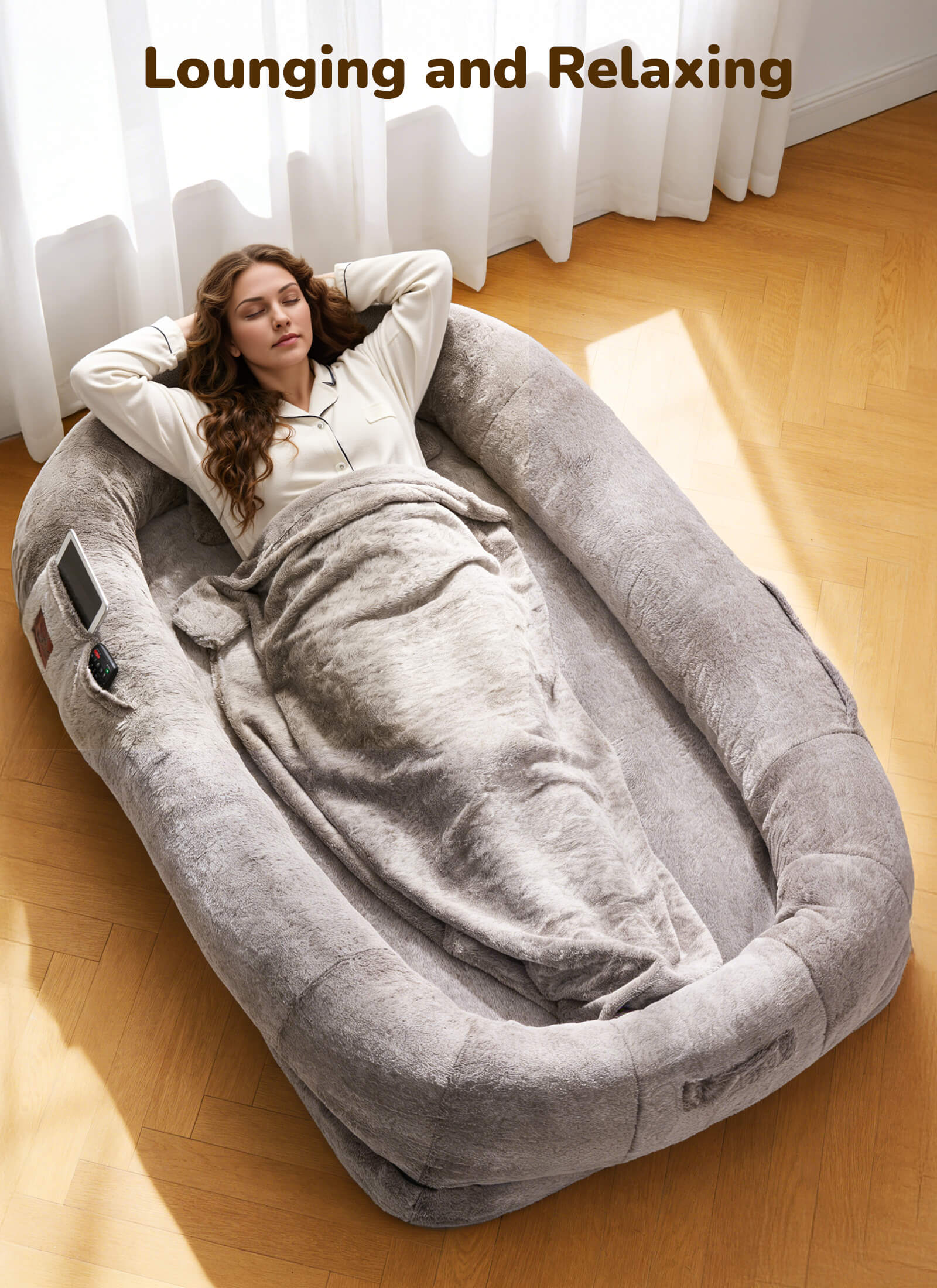 adult relaxing on human sized dog bed for calm comfort
